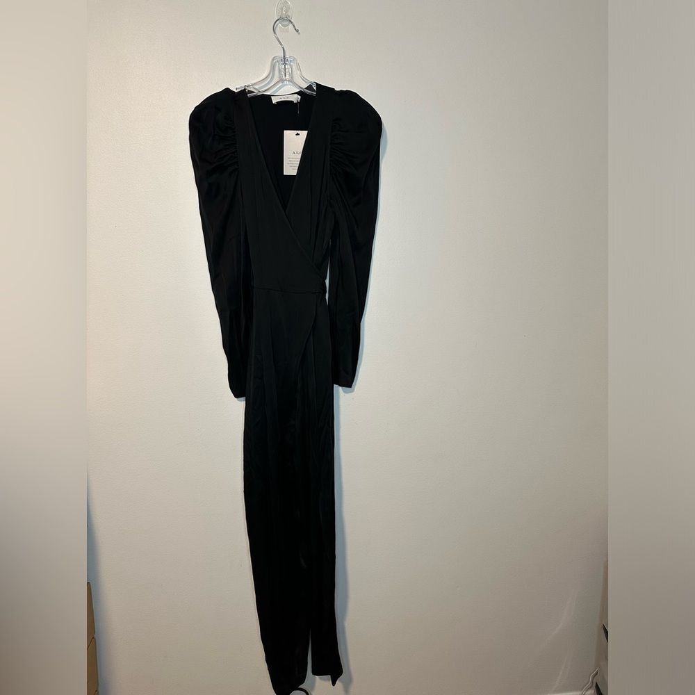 A.L.C. Christian Black Puff-Sleeve Belted Satin V Neck Straight Leg Sz 4 NWT - Picture 3 of 6
